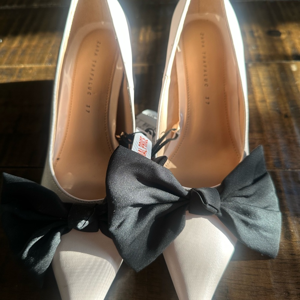 Zara Black and White Heels with Elegant Bow